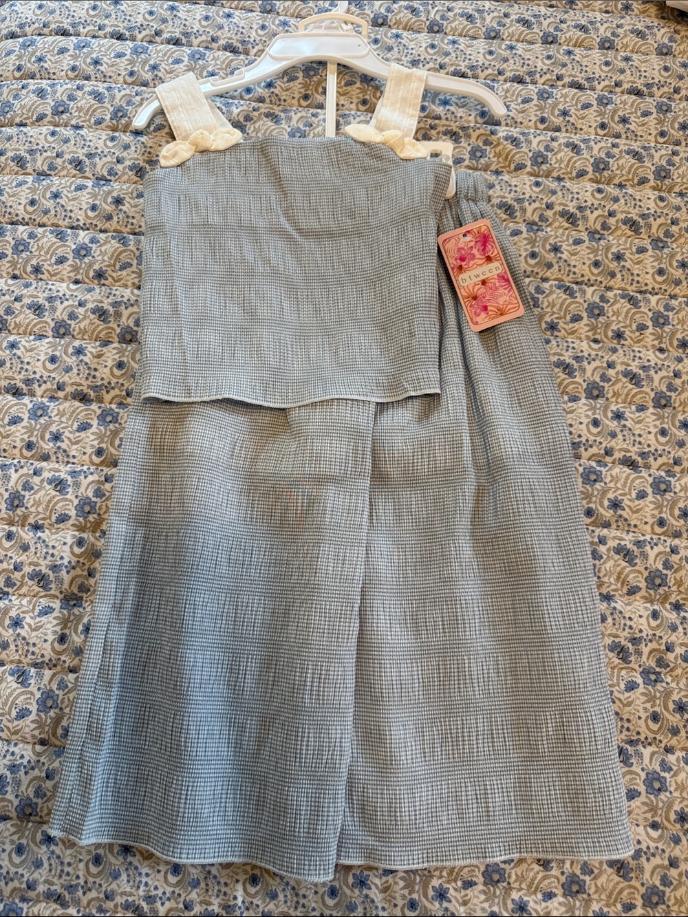 btween Light Blue Textured Two-Piece Set with Cream Strap Bows